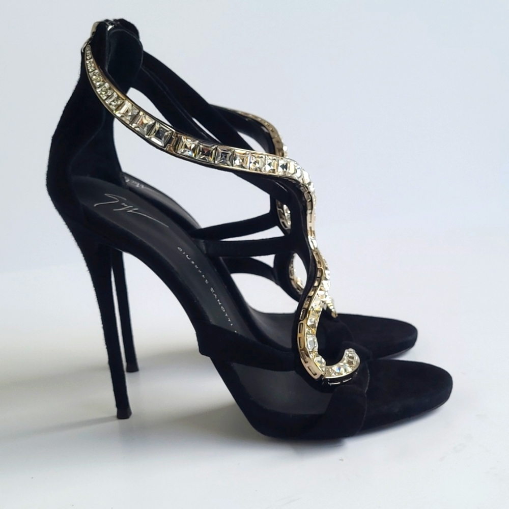 Giuseppe Zanotti Venere Crystal Suede Open Toed Heels - Picture 2 of 12